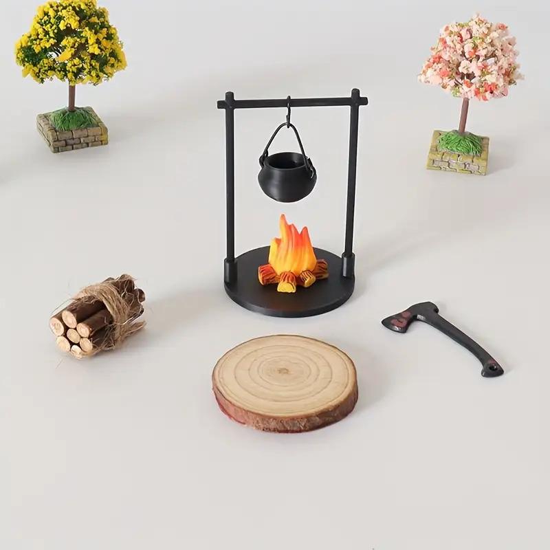 Mini Campfire Hanging Stove Pot Dollhouse Camping Picnic Firewood Pile Sand Table Micro Landscape Scene Decoration Ornament Toy