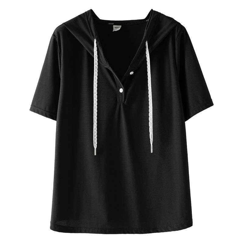 

Plus size women clothing [Korean Series Early Autumn Wear Set] Hood Short sleeve Top Design Sense Culottes Covering Meat Two-piece Set Mystery Black-Tops 9xl