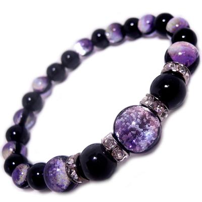 Glowing In the Dark Firefly Glass Sea Black Onyx Inner Circumference Power Stone Bracelet [Heroes] (Deep Purple) (L Size, Approx. 17.5-18cm)