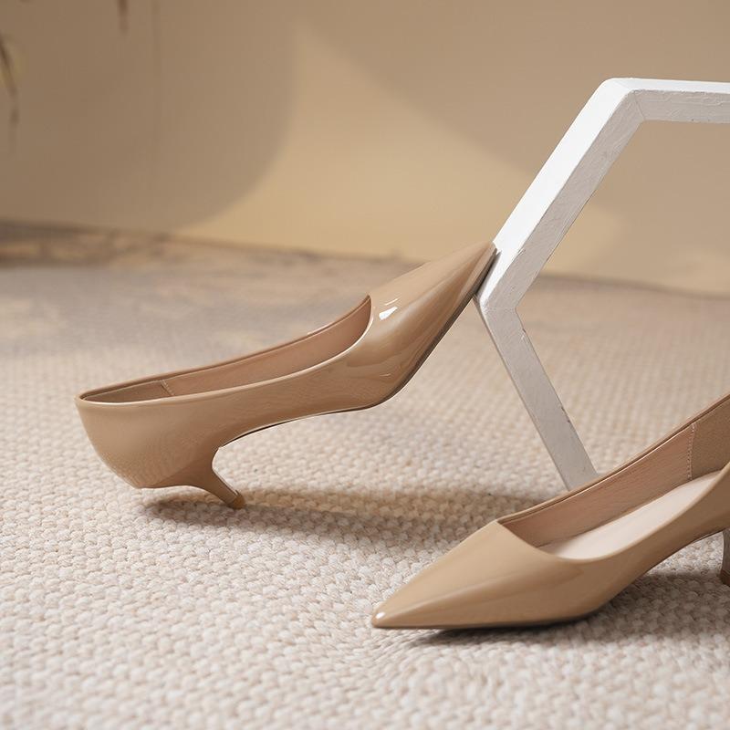 High heels women's pointed head shallow mouth large size single shoes microfiber black medium heel stewardess dress work shoes