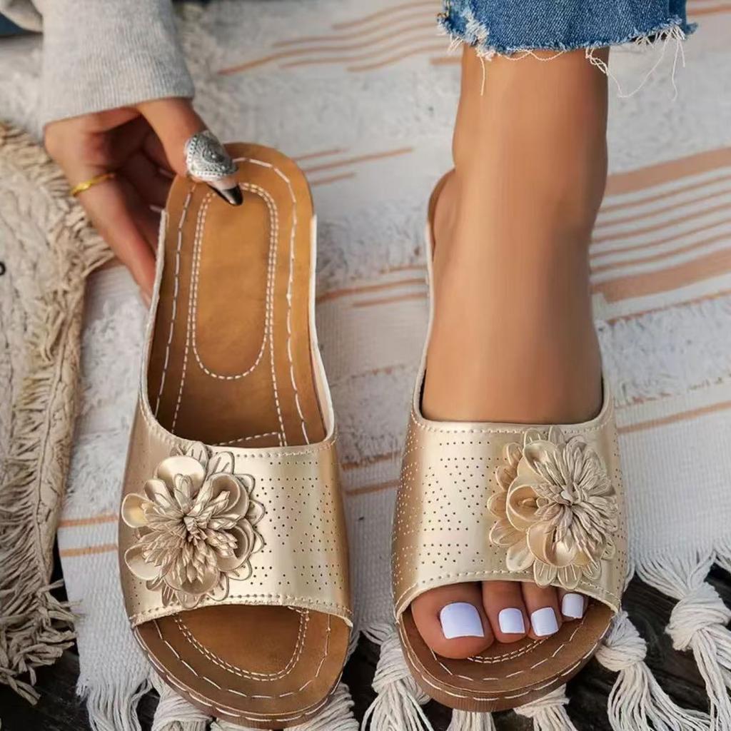 South East Asia Foreign Trade Large Size Thick Bottom Hollow One-word Slippers Women's Open-toed Flower Slope Heel Beach Cool Slippers