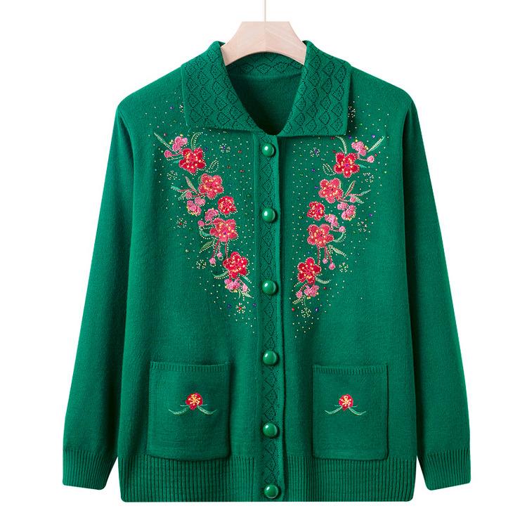 Middle-aged and Elderly Women's New Style Mother's Spring and Autumn Sweater Jacket Old Lady Sweater Cardigan Top Loose Large Size