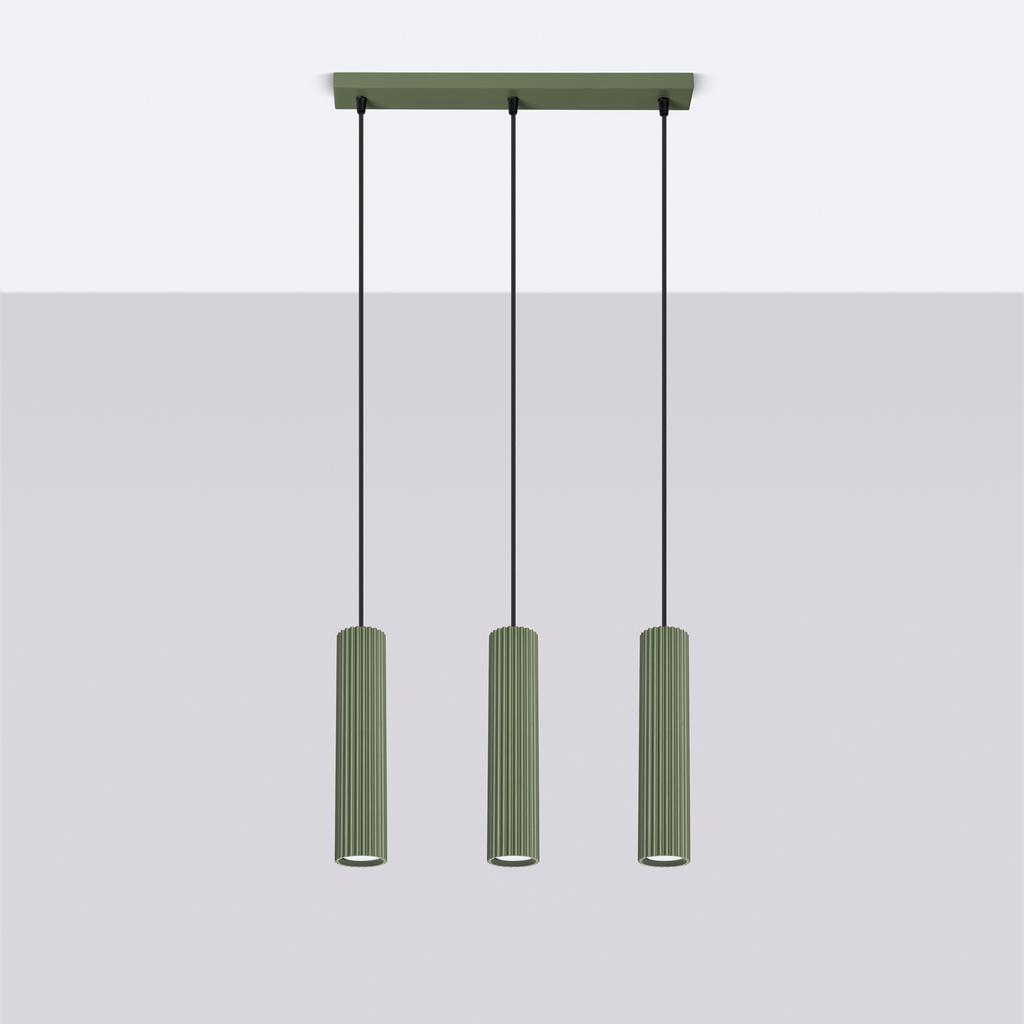 Lampa Wisząca Nowoczesna Zielona Oliwkowa Listwa Trzy Karbowane Tuby Do Kuchni Nad Wyspę 3Xgu10 10W Karbon Sollux Lighting