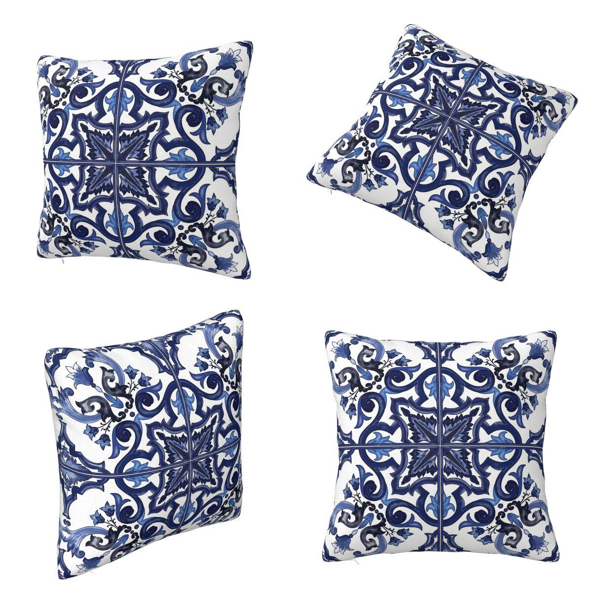 Exquisite Ornaments Unisex Blue Ornate Floral Mediterranean Sicilian Tile Square Pillowcase Cushion Cover Pillow Case Throw Pillow Cover For Home Sofa