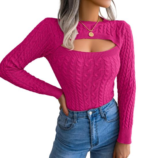 

Женский свитер с круглым вырезом, длинными рукавами, полым дизайном на груди, вязаный топ с текстурой «косичка», однотонный, приталенный трикотаж S розы красного