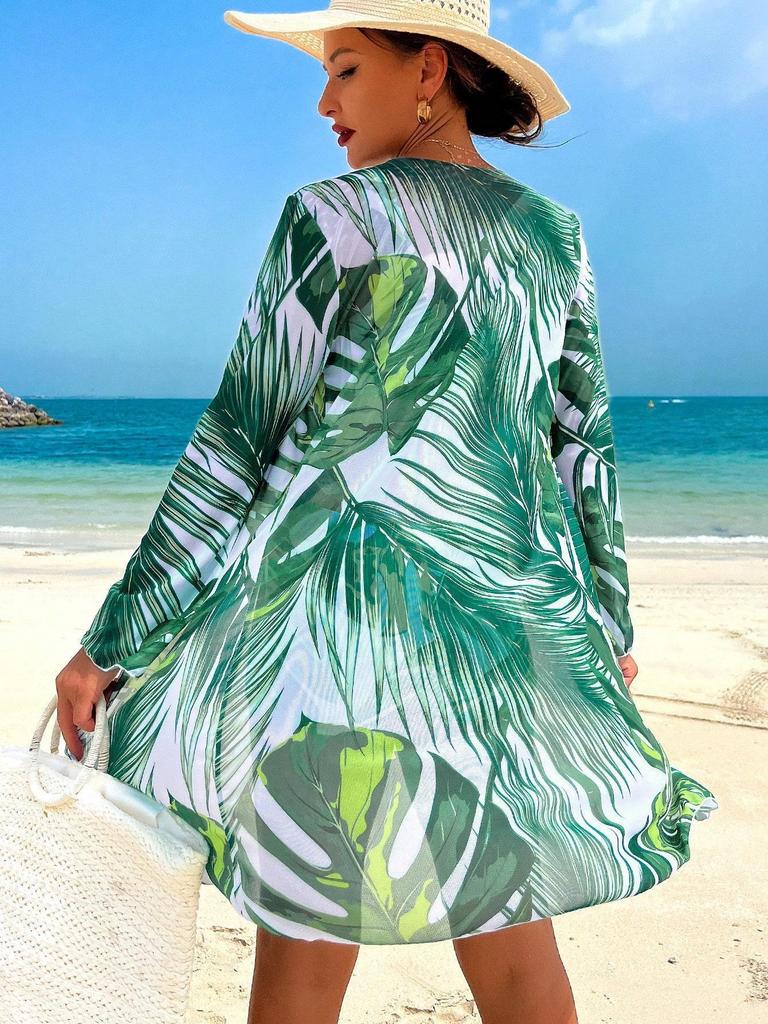 Fashionable Printed Drawstring Top Long Sleeve Mesh Cover Up And Bikinis 3 Piece Beach And Vacation Swimwear Set