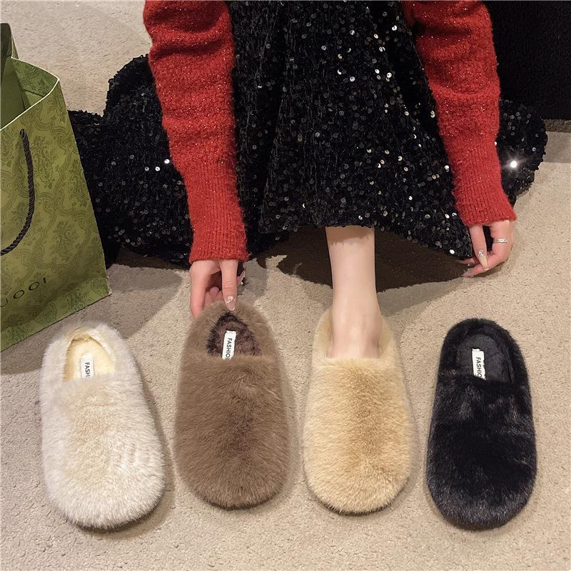 Women's Soft Bottom Large Size Thickened Winter Warm Fur One Padded Lining Ankle Boots Non-slip Baotou Cotton Fur Slippers