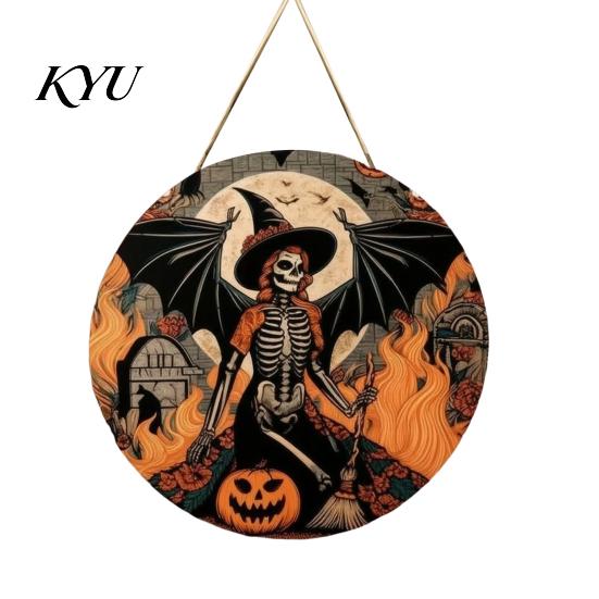Vintage Witch And Bat Plaque Halloween Wooden Sign, Round Hanging Pendant with Lanyard, Retro Distressed Rustic Wall Decor Wood Skeleton/Pumpkin/Clown