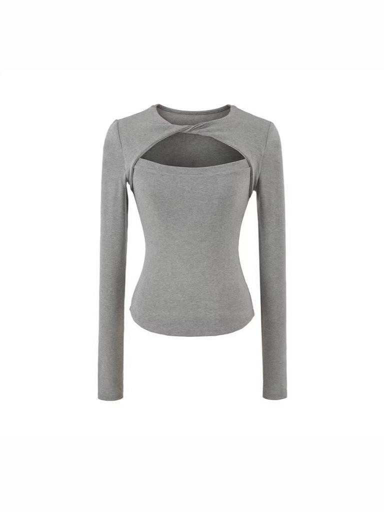 Korean Design Twist Neck Cutout Slim Fit Long Sleeve T-shirt for Women - 2026 Spring Collection