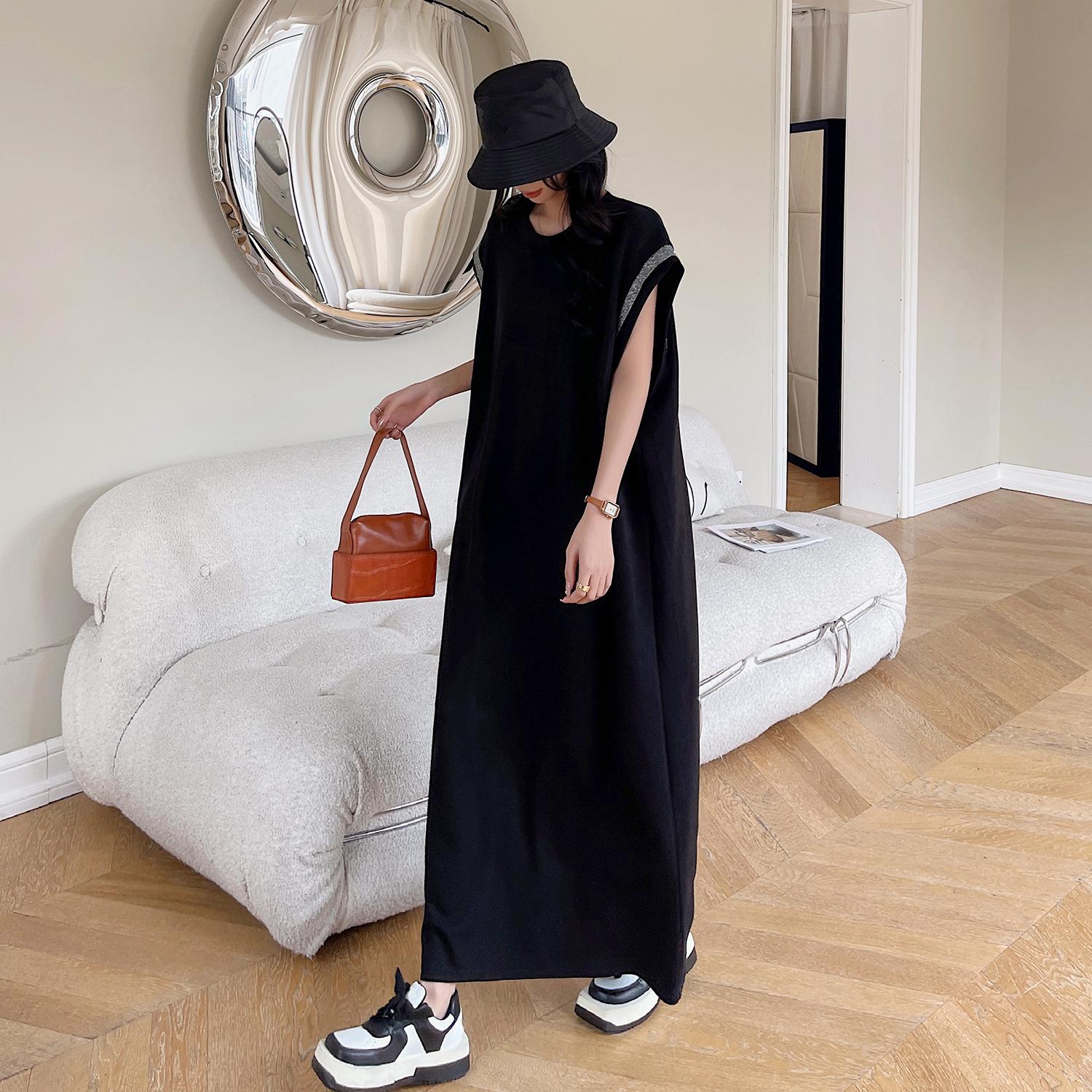 

DIMANAF 2024 Летняя футболка размера плюс, женское свободное платье с тонким круглым вырезом, винтажное хлопковое повседневное однотонное длинное платье с короткими рукавами XL