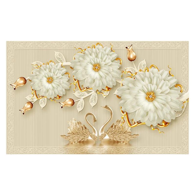 European Style Luxury 3D Wallpaper Jewelry Flowers Swan Mural Living Room TV Sofa Background Wallpaper