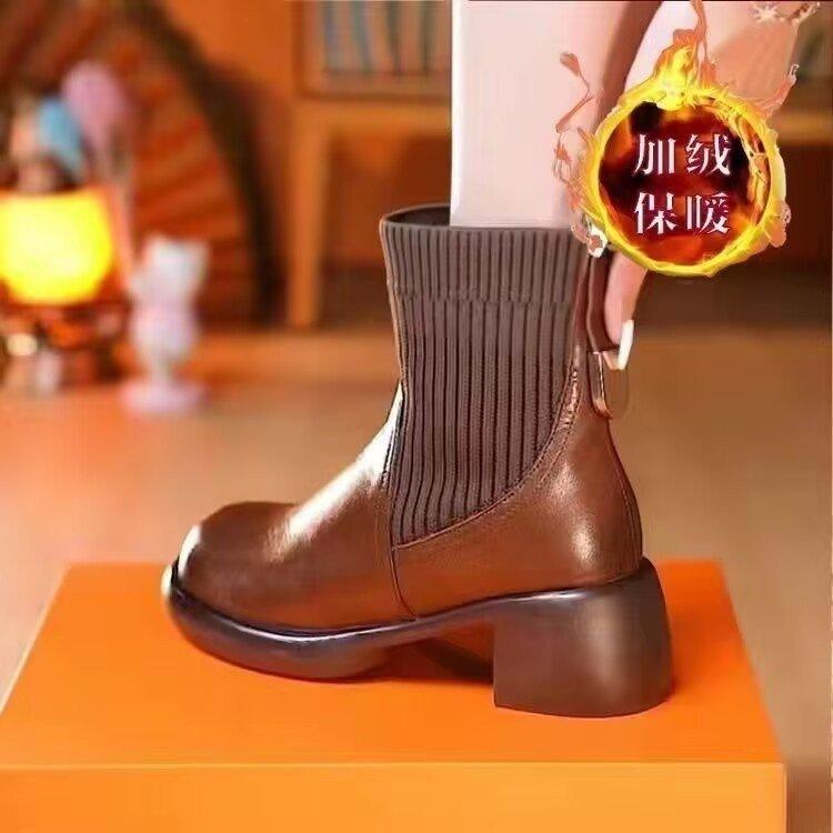 

Осень и зима новые ретро элегантные бархатные ботинки Мартин на толстом каблуке женские универсальные британские модные эластичные ботинки-носки 40