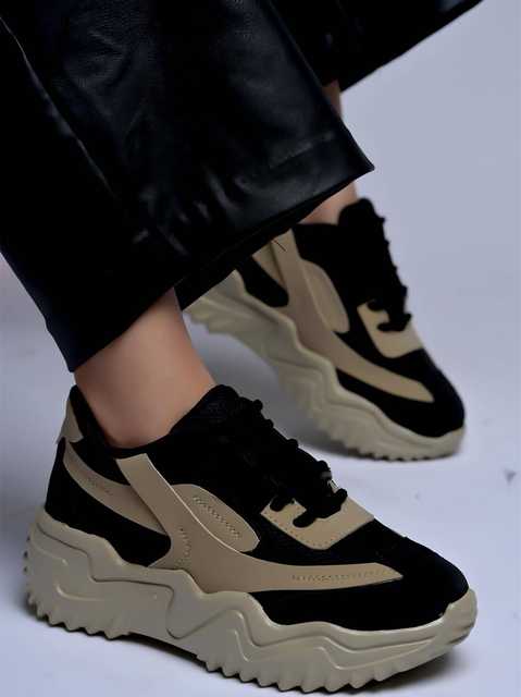 Chunky Platform Sneakers for Women Colorblock || Lace-Up Athletic Shoes with Wavy Sole Design Casual and Party