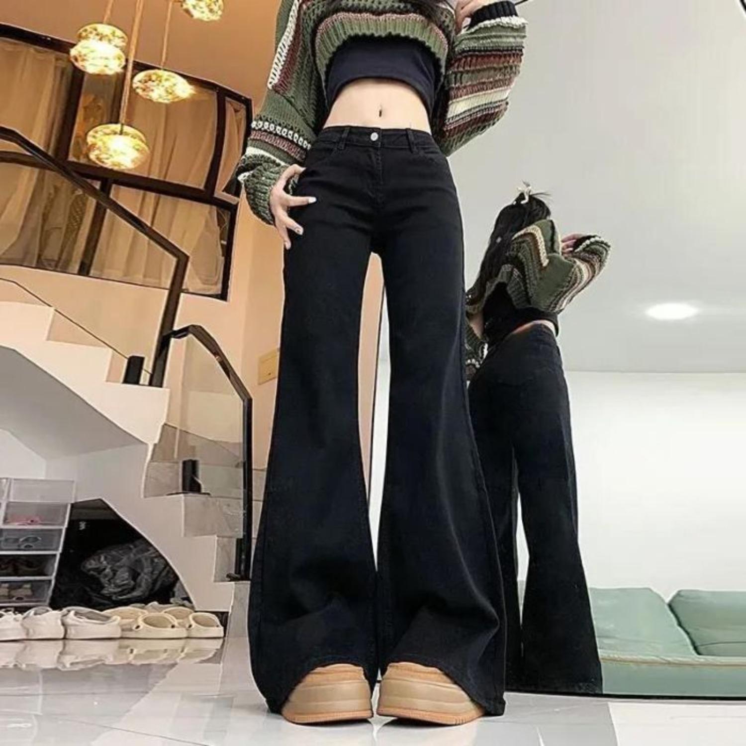Women s Mid Waist Flared Jeans Casual Stretch Bell Bottom Trousers Slim Bootcut Pants S