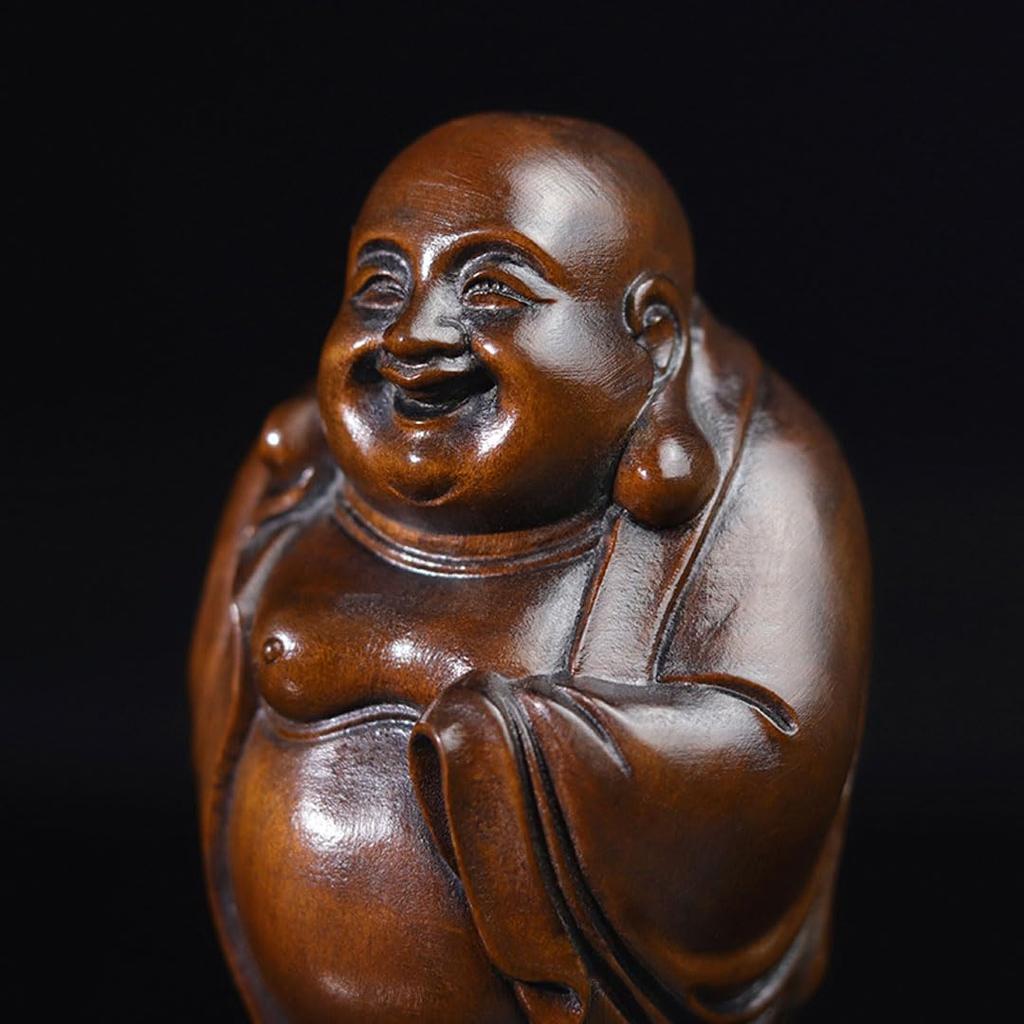 Sieben Glücksgötter Schmuckstück Holzschnitzerei Hotei Buchsbaumholz Antikfarben Buddha Statue Mini Hotei Schmuckstück Geldglück Amulett 8cm x Breite 5cm x Tiefe