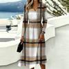 Women's Plaid Print Casual Long Sleeve V-Neck Dress with Pockets for Everyday Wear