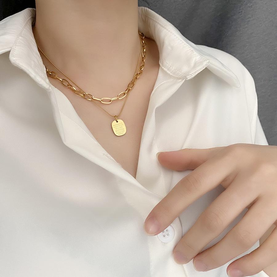 Women's Double Layered Square Pendant Titanium Necklace