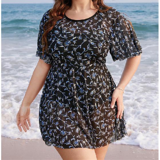 

Купальники больших размеров, женские, сетчатые, эластичные, пляжные, платья для полных женщин, с высокой талией, с короткими рукавами, сексуальные, из полиэстера, для плавания 4XL чёрный/синий