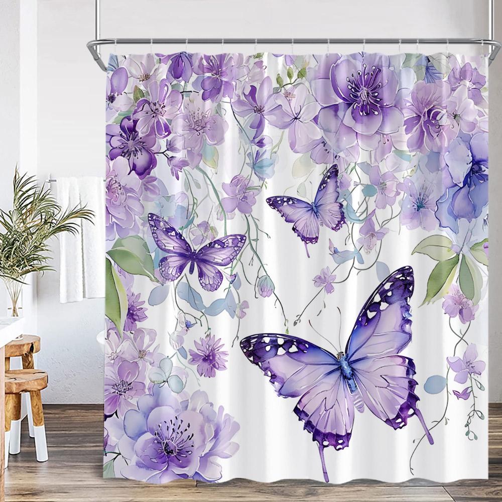Colorful Butterflies Floral Shower Curtain Flowers Plants Blooming Blossom Bathroom Decorations Polyester Bath Curtain With Hook
