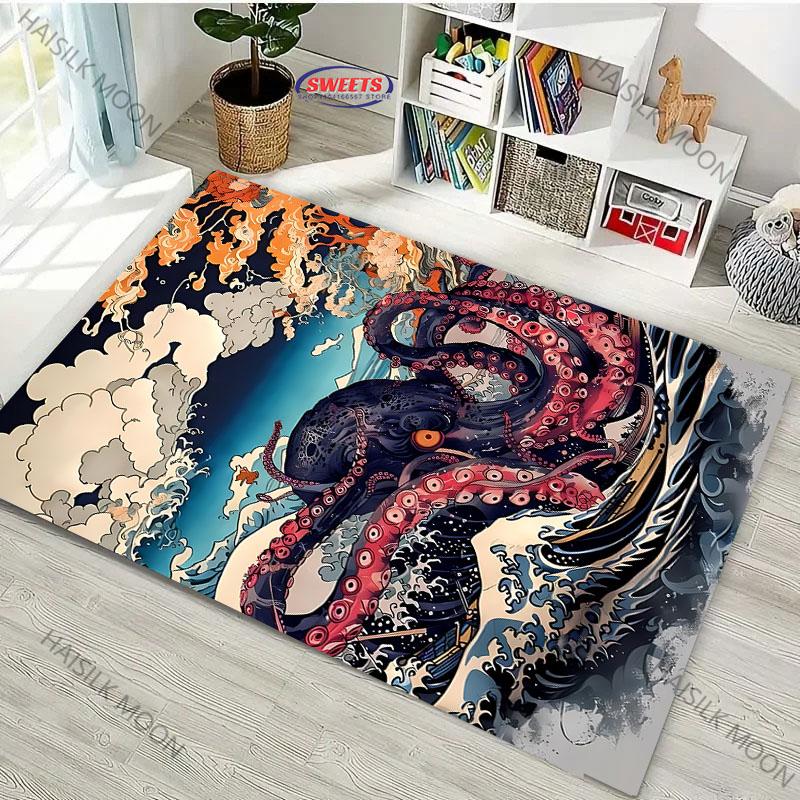 Japanese Octopus Painting Area Rug Non Slip Carpet for Bedroom Living Room Office Unique Floor Mat Home Decor