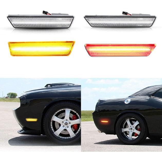 GTINTHEBOX for 2008 2009 2010 2011 2012 2013 2014 Dodge Challenger Clear Lens Amber/Red Front Rear Full LED Side Marker Light,Replace OEM Sidemarker