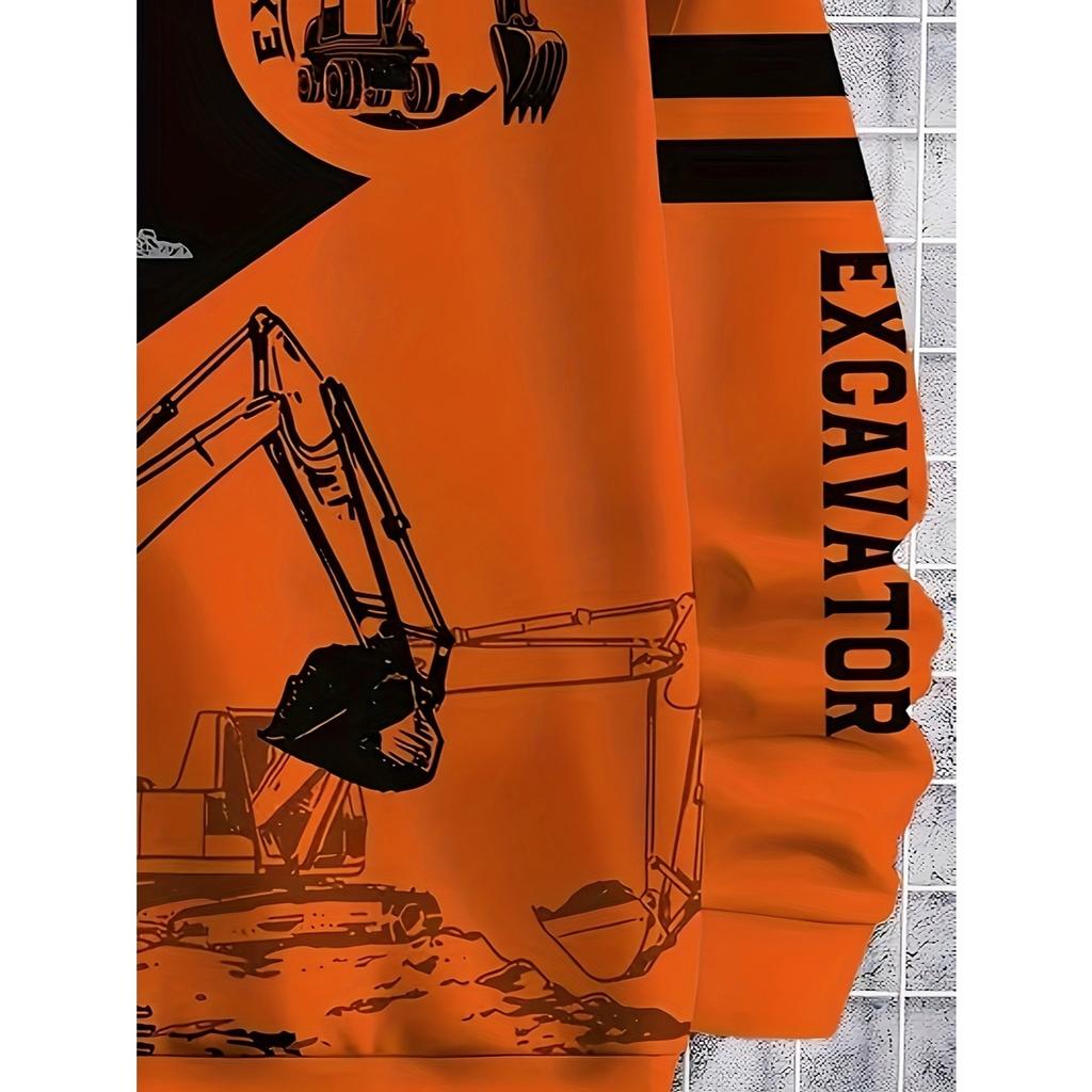 Boys' contrasting excavator pattern printed hoodie, casual long sleeved hoodie, suitable for outdoor use