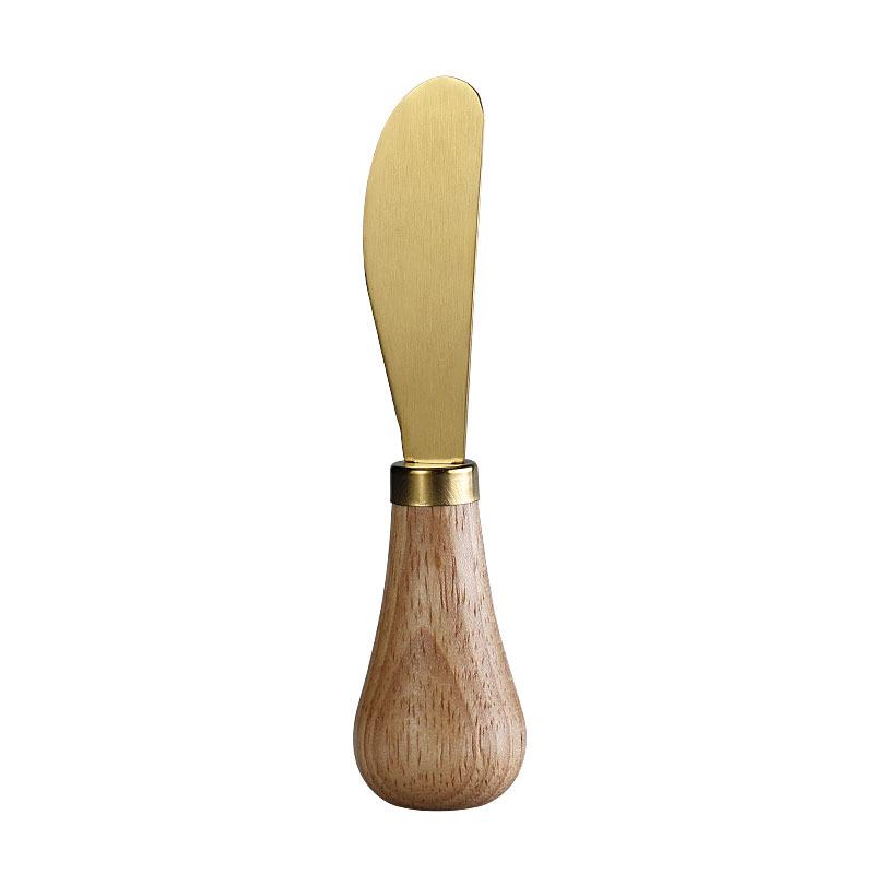 Gold Stainless Steel Cheese Knife Set with Rubber Wood Handle - Includes Cheese Knife, Tableware Knife, and Fork