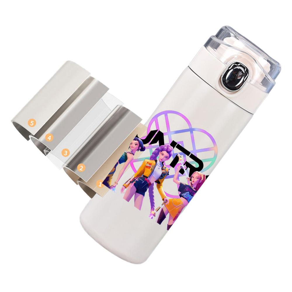 Anime K-Pop Demon Hunters Printed 400Ml Water Bottle Thermos Cup Portable Stainless Steel Leak Proof Camping Water Cup Kid Gift