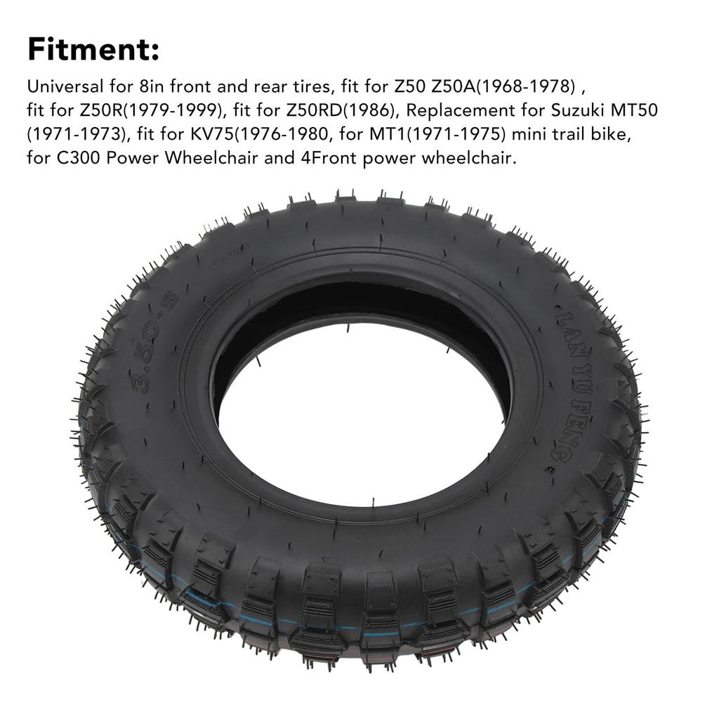 Motorcycle Tire and Tube Set, 3.50-8 Inch, Metal-Rubber, Explosion-Proof, High Strength, for Z50, Z50A, Z50R, and Z50RD