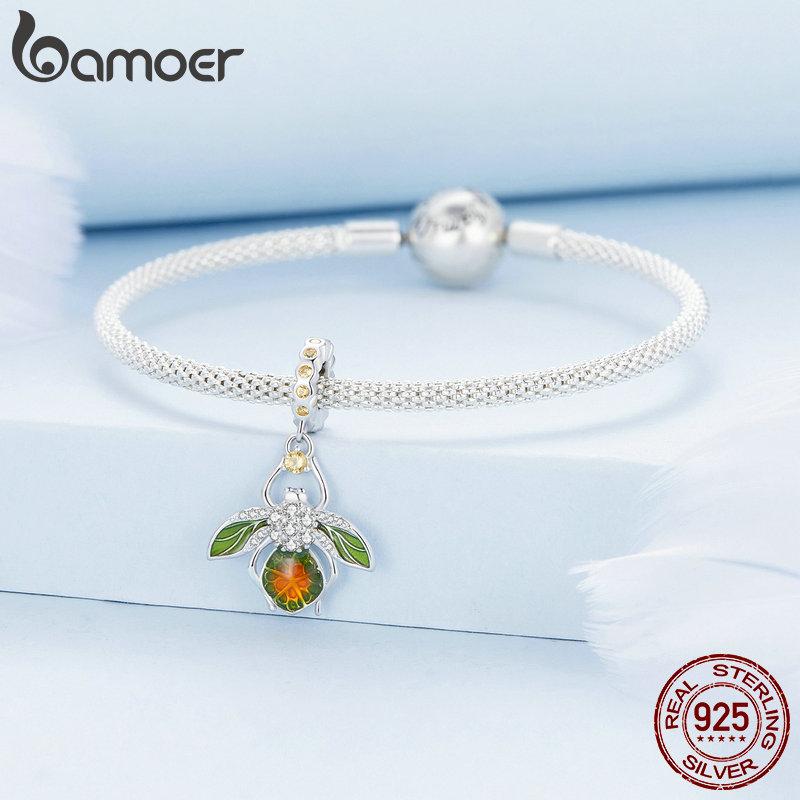Breloc cu pandantiv cu lămâie albină BAMOER din argint 925, mărgele de insecte pentru femei, brățară și brățară originale, bijuterii fine
