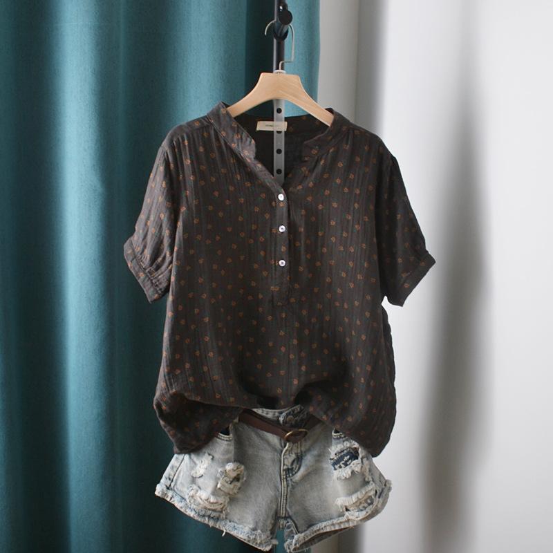 Spring Double-layer Cotton Yarn Shirt Floral Stand-up Collar Baby Cotton Yarn Loose Large Size Japanese and Korean Shirt