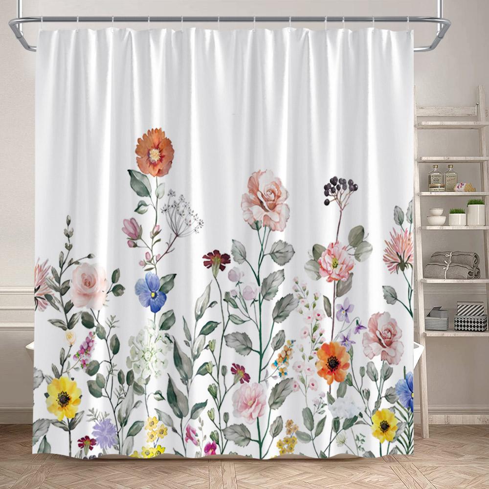 Floral Shower Curtains Garden Watercolour Flowers Plant Leaves Modern Minimalist Bath Curtain Polyester Fabric Bathroom Decor