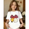 European Sizes Leopard Print Bow, Pencil Print Pattern, Girls' Casual Short-sleeved Round Neck T-shirt, Perfect for Summer Wear