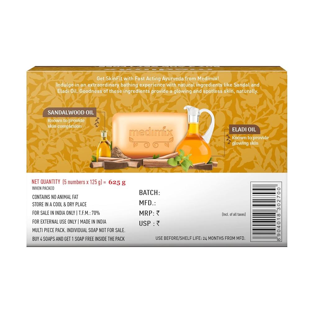 Medimix Ayurvedic Sandal Bathing Bar 125g X 5 Soap| Gentle Cleansing Soap With Sandal & Eladi Oil For Natural Glow, Even Tone & Vibrant Skin
