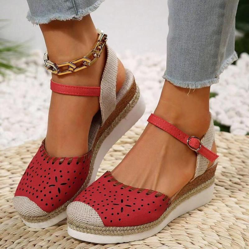 French Hemp Rope Thick Soled Toe Sandals for Women, Oversized Casual Wedge Heel Buckle, Foreign Trade Cross-border Women's Shoes
