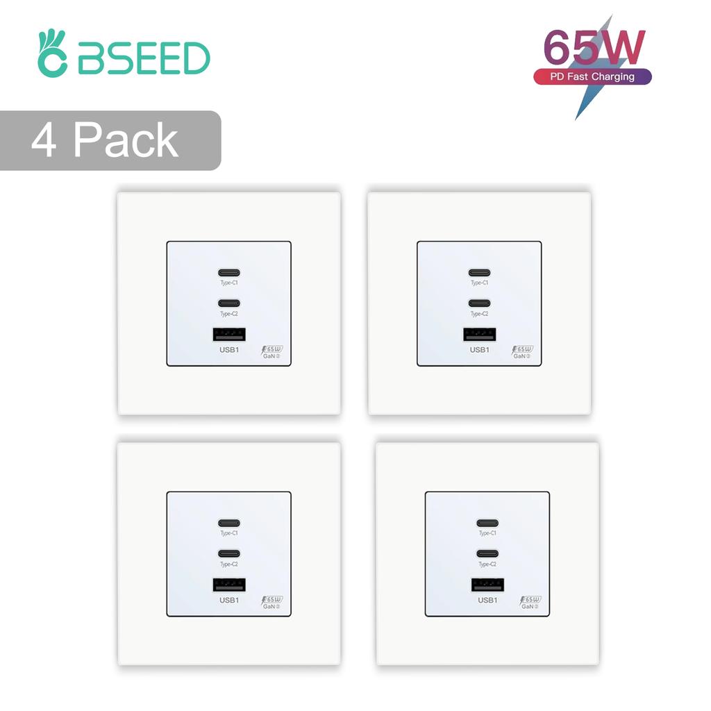 BSEED EU Wall Power Socket With Dual Type-c USB 65W Fast Ports For Phone Laptop Charging Matte Plastic Frame 1/2/3/4Pack