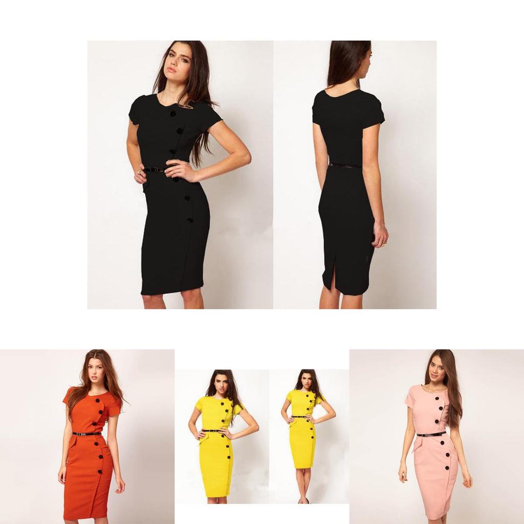 Elegancka Damska Modna Sukienka Vintage z Krótkim Rękawem Zapinana na Guziki do Biura i na Co Dzień