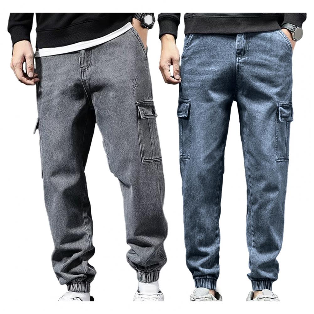 Men Cargo Pants Loose Solid Color Multi Pockets Ankle-banded Elastic Mid Waist Retro Soft Breathable Streetwear Plus Size Men Tr