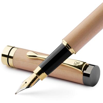 Wordsworth Finest Premium Wooden Fountain Pen Crest 6 Fountain Pen Ink Cartridges and 24K Gold Finish 18K Gold Plated Medium Nib Suitable for Both Men