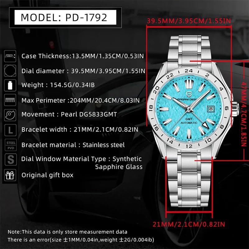 Zegarek PAGANI DESIGN Wyprodukowany w Japonii Wskazówka GMT Ruch Automatyczny Mechaniczny W zestawie Koperta Wodoodporny Biznesowy Zegarek Garniturowy Pasek ze Stali Nierdzewnej