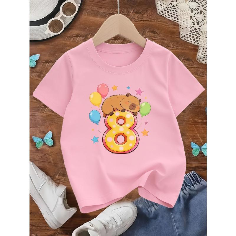 European sizes Kids' Birthday-Themed Capybara Number 8 Print Round Neck Short-Sleeve Top, a Stylish Outfit Suitable for School Outings