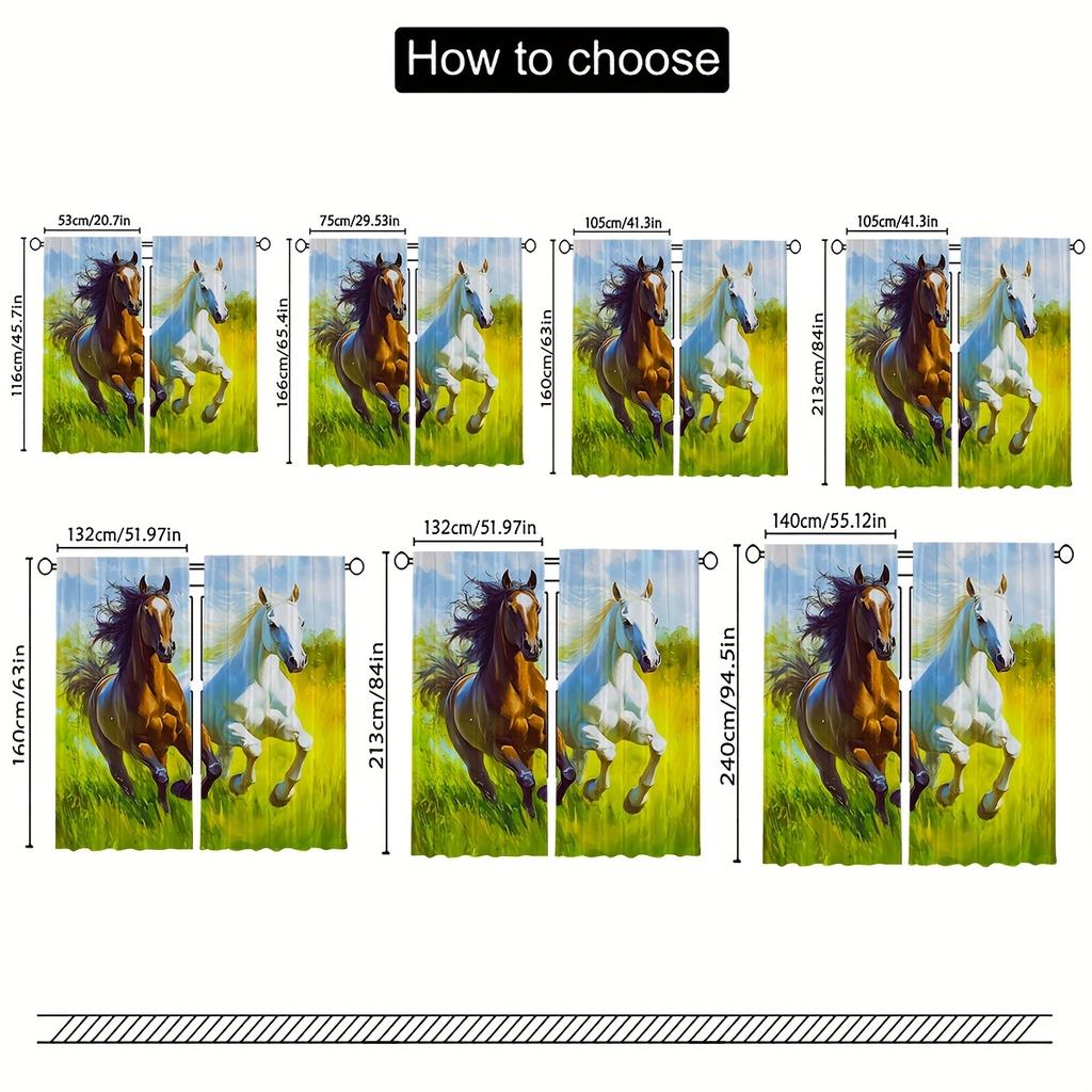 Set Of 2 Modern Equestrian Themed Curtains Vibrant Running Horses Design Chocolate Brown Platinum White Semi Transparent Curtain Made Polyester