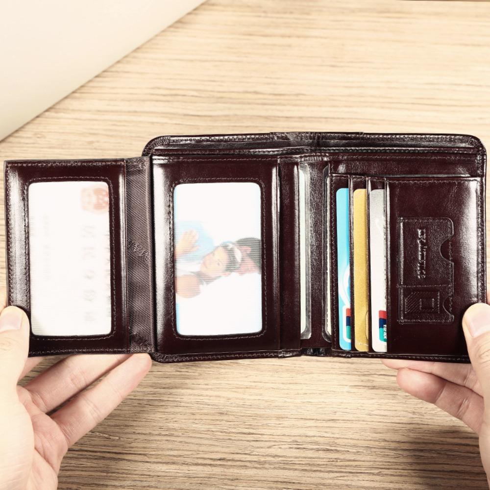 Carteira Masculina de Couro Genuíno de Grão Superior Carteira Curta Clássica Dobrável Tripla Slim para Negócios Bloqueio RFID Porta-Cartões de Couro Premium