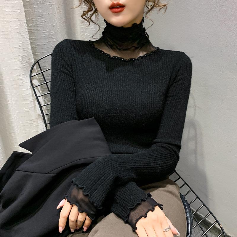 Autumn and winter new fashion slim and thin temperament bead splicing fungus edge knitted sweater backing sweater inside