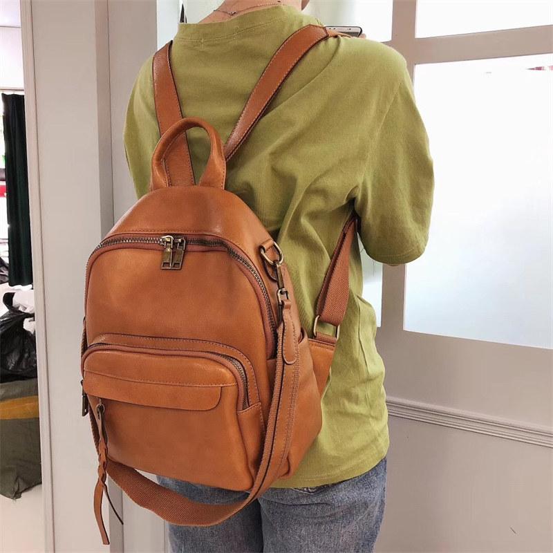 Genuine Leather Women's Backpack Solid Color Vintage Design Student Bag Fashion Backpacks