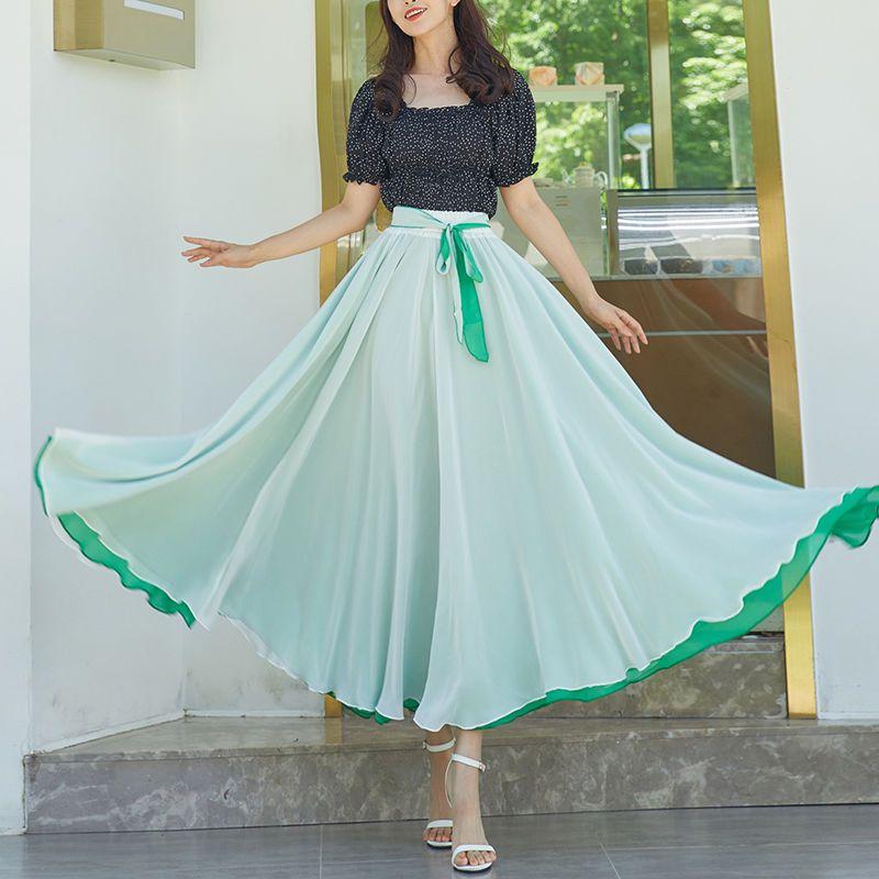 

Танцевальные юбки, шифоновые длинные юбки для женщин, элегантные повседневные пляжные макси-юбки с высокой талией в стиле бохо, носить с обеих сторон XL