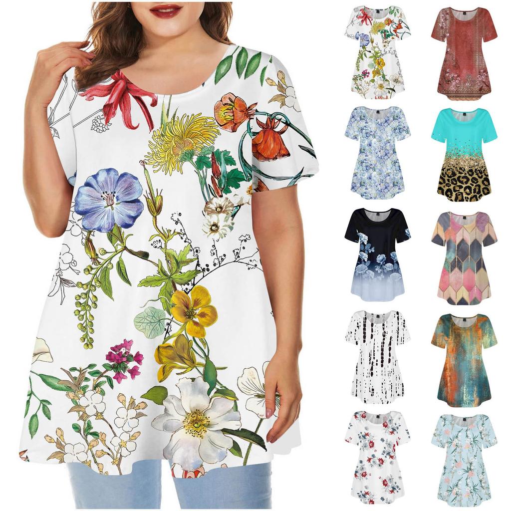 Ladies Round Neck Printed Short Sleeve Top Loose Casual Short Sleeved Plus Size Tops