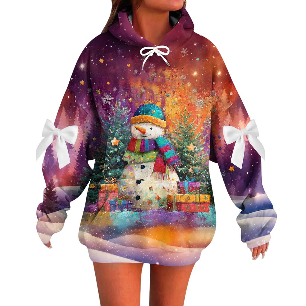 Ladies' Christmas Printed Bow Long Sleeved Loose Fitting Headband With Rope Hooded Sweatshirt Top