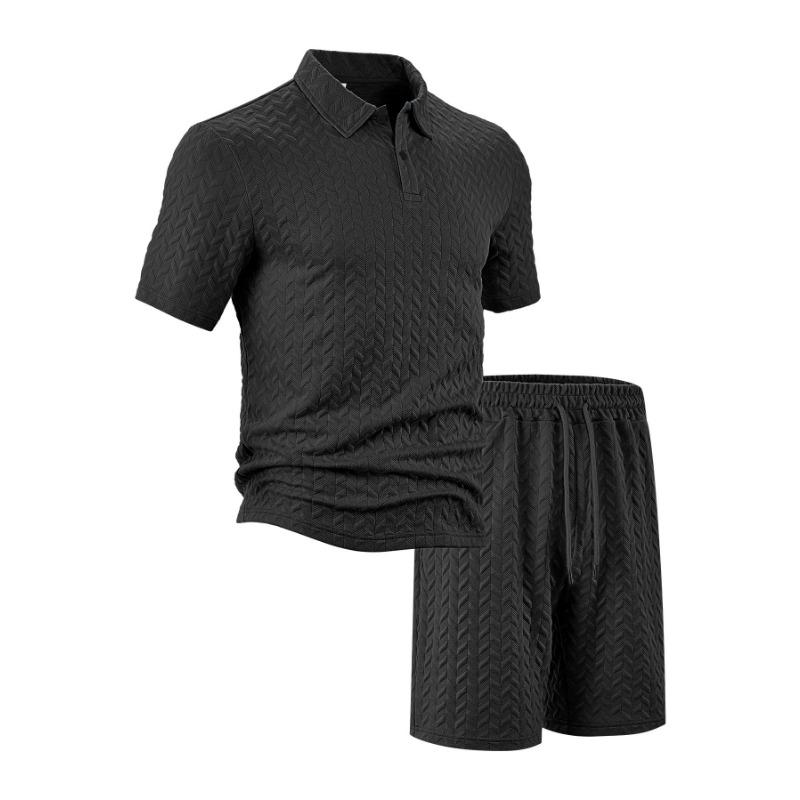 New Summer Men's Casual Loose Lapel Jacquard Short Sleeve Polo Shirt Two-Piece Suit