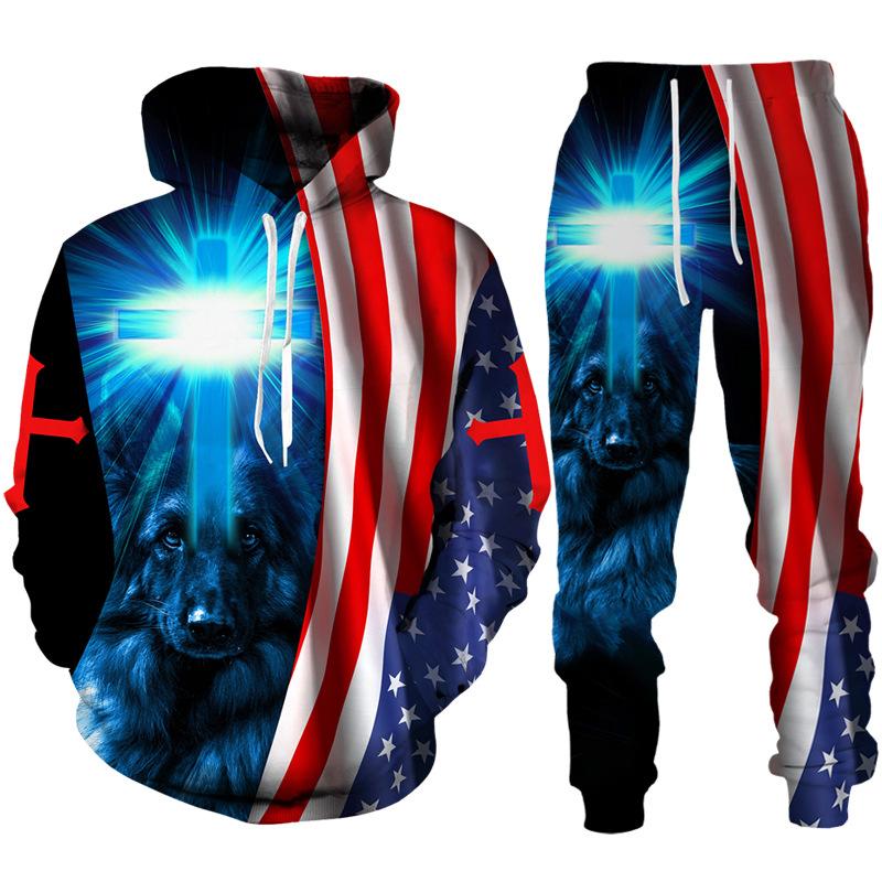 Spring Autumn Fashion Casual Men's Hoodies Set 3D Animal Lion Cross Printing Sweatshirts Sweatpants 2 Piece Set Men Clothing Suit
